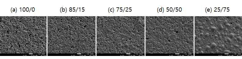 구리 페이스트의 플레이크/구형 분말 비율에 따른 800도 소성 후 표면 SEM 사진 (x1,000)