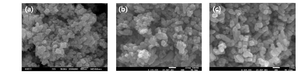 Zinc Acetate의 몰농도 (a)0.5 (b)1 (c)2mol 변화에 따라 합성된 산화아연 분말의 SEM 이미지