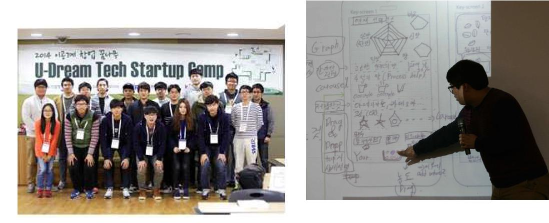 (a) U-Dream Tech Startup Camp에 참여한 단체 사진 및 (b) 우리의 마케팅 전략에 대해서 사람들에게 발표 중인 권순형 학생