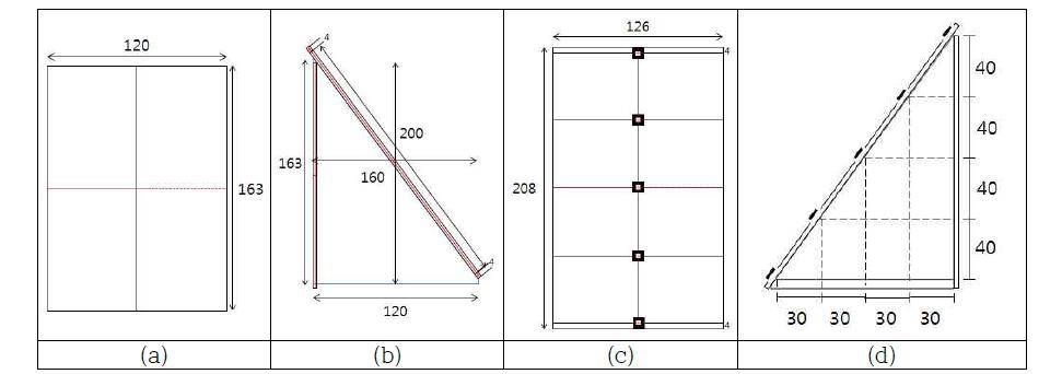 캘리브레이션 보드 설계도면 (a) 뒷면 (b) 측면 (c) 정면 (d) 측면 보조선