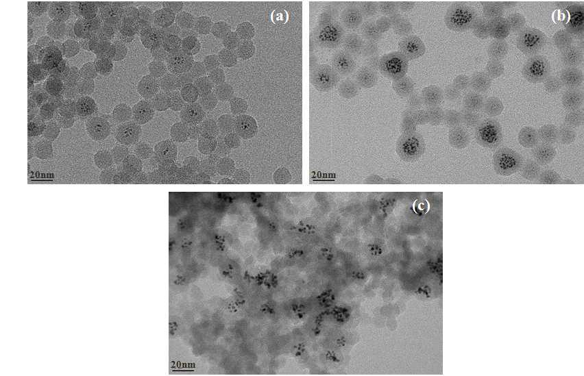 FE-TEM micrographs of the synthesized Pt/SiO2 nanopaticles as function of R ratio