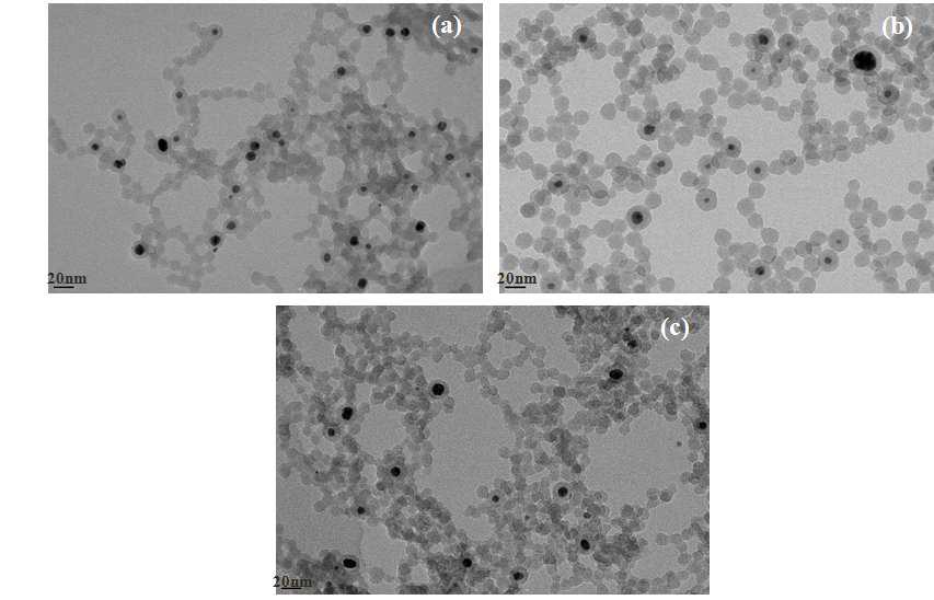 FE-TEM micrographs of the synthesized Ag/SiO2 nanopaticles as function of R ratio