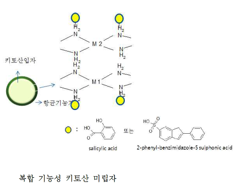 화장품 및 섬유용 항균/자외선차단 복합 기능성 TiO2 미립자 및 키토산 미립자의 화학구조식