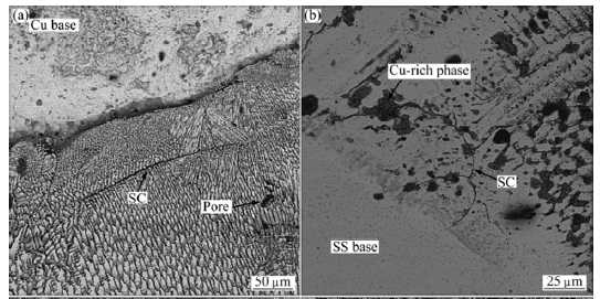Ni-Cu-Fe 계열 용접봉을 사용한 구리와 스텐레스간 용접부 미세 조직 사진