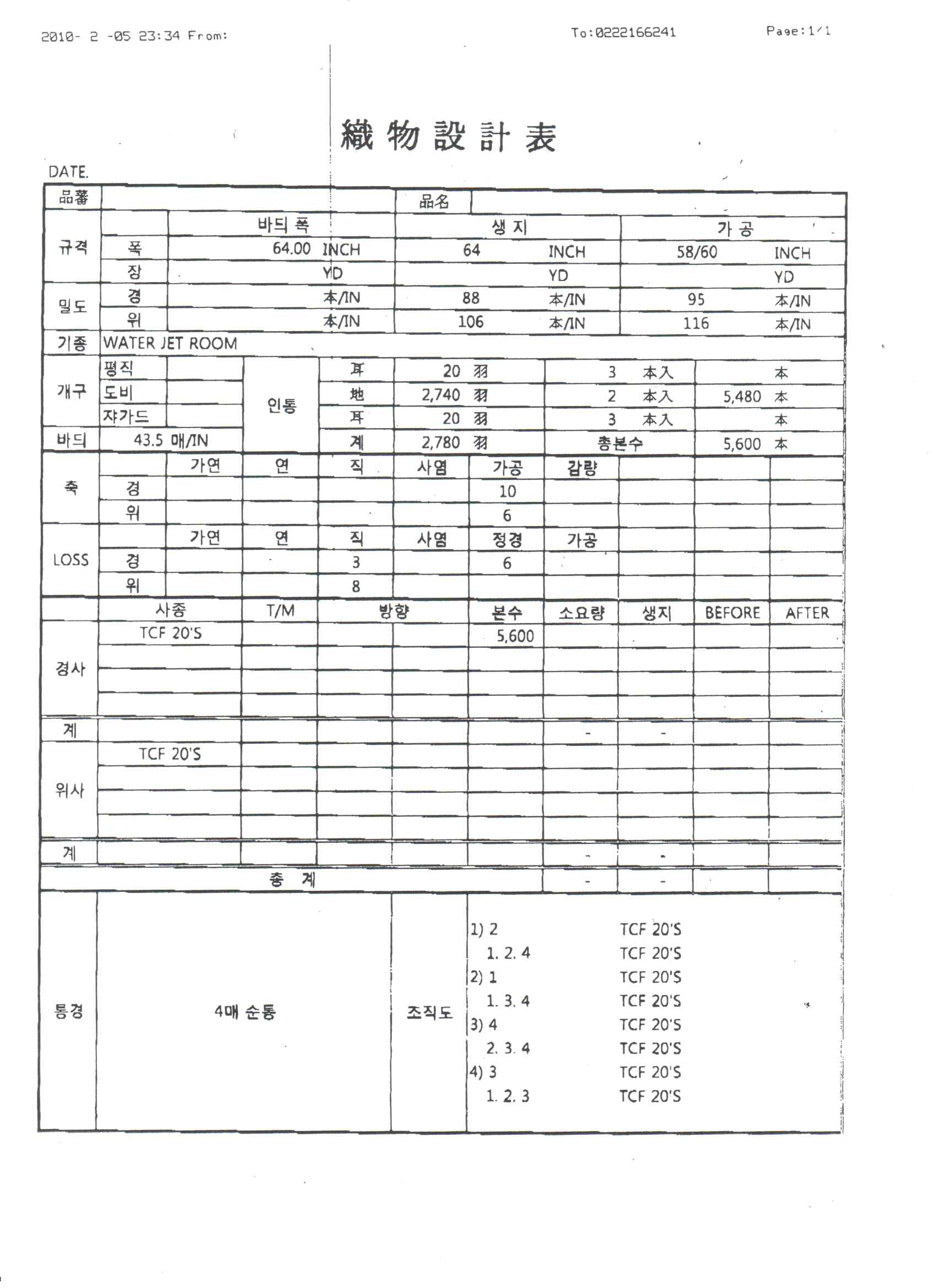 전자파차폐 기능성 복합사 (C/T/SS)를 이용한 직물 설계표