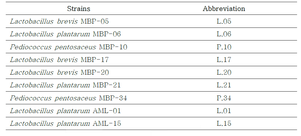 실험에 사용한 유산균 균주 목록