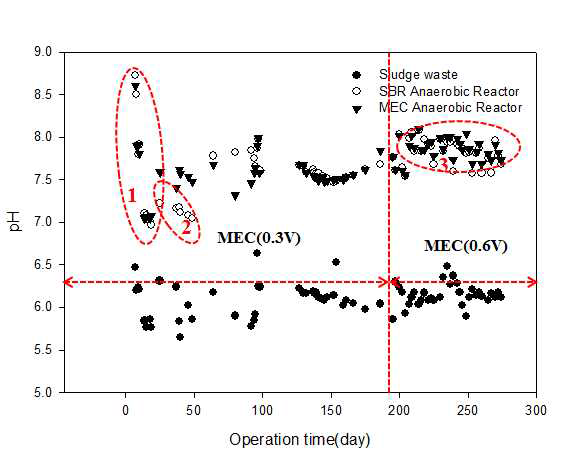 혐기성 소화에서 MEC 적용 여부에 따른 pH 변화 거동