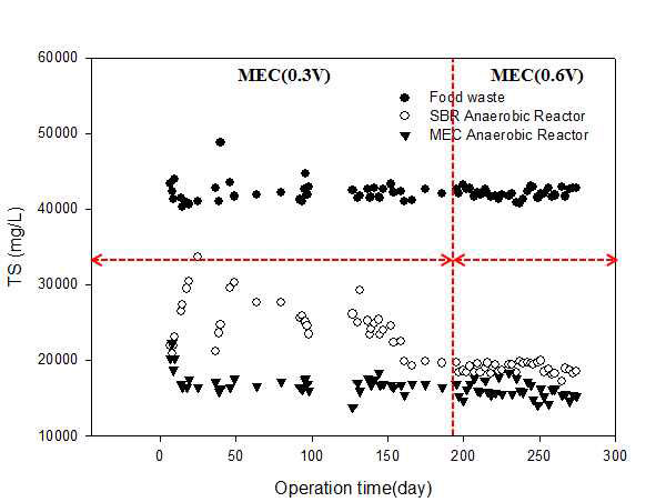 혐기성 소화에서 MEC 적용 여부에 따른 TS 변화 거동