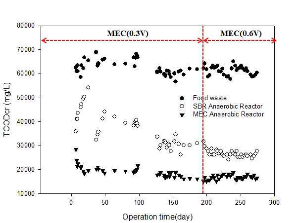 혐기성 소화에서 MEC 적용 여부에 따른 TCOD 변화 거동