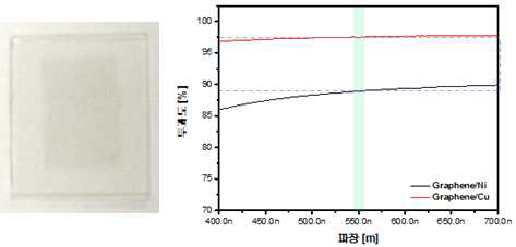 투명 기판에 전사된 그래핀의 가시광선(400~700 nm 파장대) 영역에 대한 투과도 측정 데이터. 좌) 실제 시료 사진, 우) 파장에 따른 투과도 그래프.