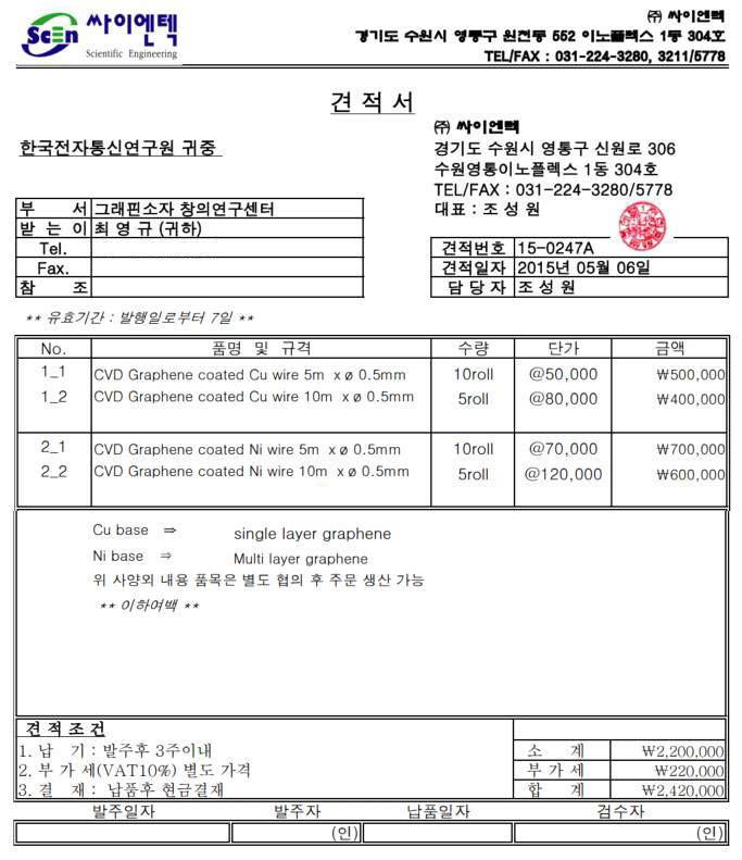 그래핀/금속 롤 관련 제품 한국전자통신연구원 납품건 견적서 증빙자료