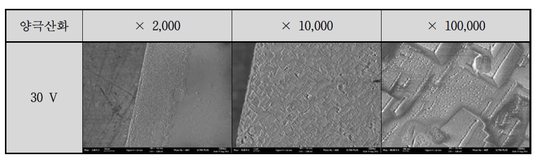 양극산화 후, Al 전극의 외각 부분 주사전자현미경이미지