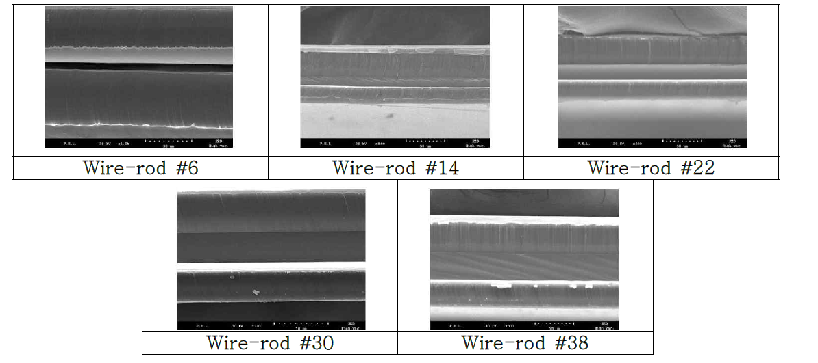 wire-rod 종류에 따른 테이프 SEM 단면 이미지