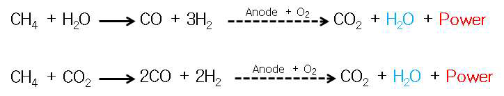 메탄의 steam reforming(위)/dry reforming(아래) 반응식