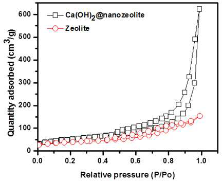 나노제올라이트와 소석회-제올라이트 결합 나노복합체의 BET 분석 결과
