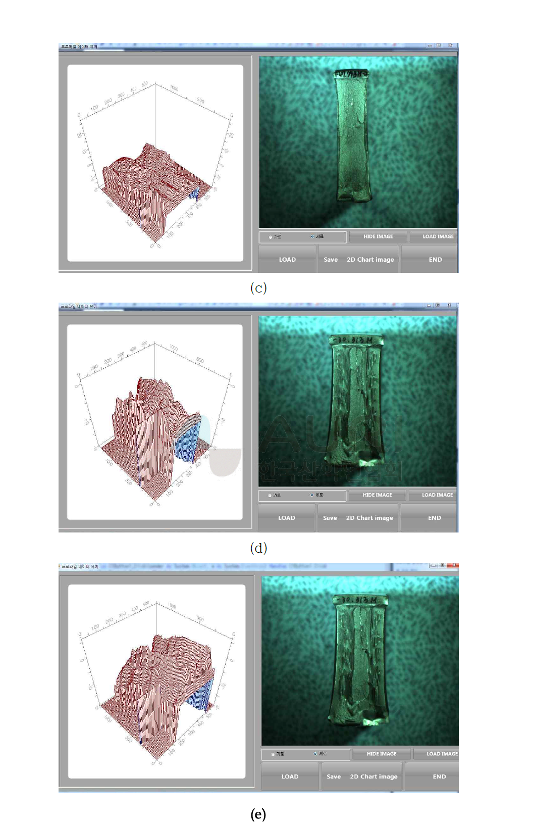 연취성 3차원 결과, (a)시편1, (b)시편2, (c)시편3, (d)시편4, (e)시편5