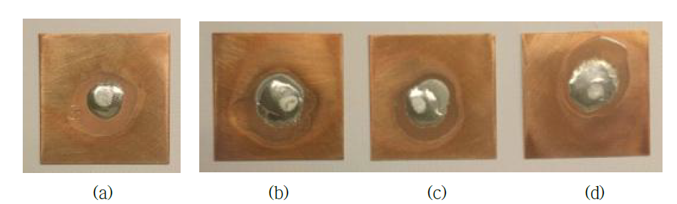 부식 시험 전 시험편(a), 부식 시험 후 시험편 (b), (c), (d)