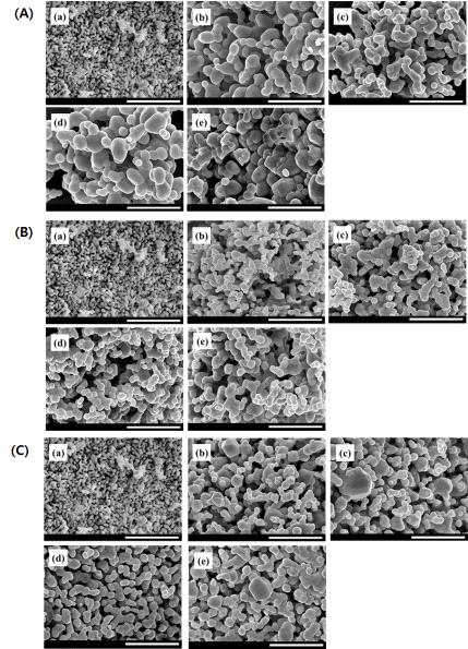 (A) LiF, (B) NaF, 및 (C) BaF2 융제를 사용하여 제조한 Lu2.94Al5O12:0.06Ce3+ 형광체 분말의 FE-SEM 결과: (a) 0, (b) 2 (c) 4, (d) 6, 및 (e) 8 wt%