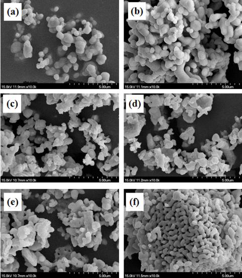 분산제를 첨가하여 제조한 Lu2.94Al5O12:0.06Ce3+ 형광체의 FE-SEM 결과: (a) No added, (b) SP, (c) EG, (d) PEG, (e) CTAB, 및 (f) OA