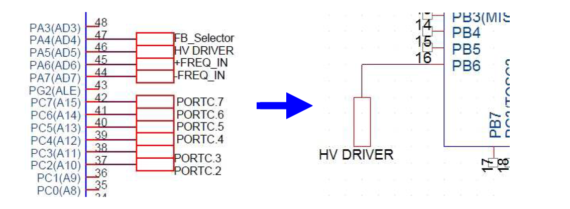 HV Driver Signal 입력을 위한 회로 변경 전, 후