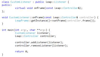 Leap::Listener를 상속하여 Leap::Frame을 입력받는 C++ 예제
