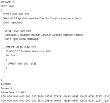 BVH 포맷으로 저장된 애니메이션 데이터의 예