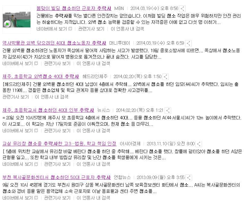 고층빌딩 외벽 청소 작업자의 추락사에 관한 기사