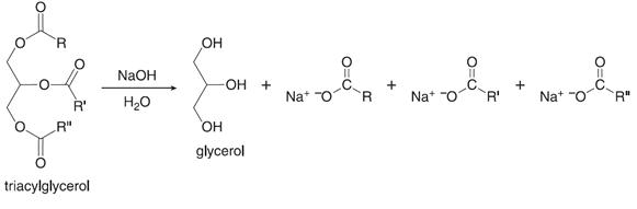 Reaction flow chart of saponification (triacylglycerol is hydrolysis of the ester bonds to form glycerol and three fatty acids.)