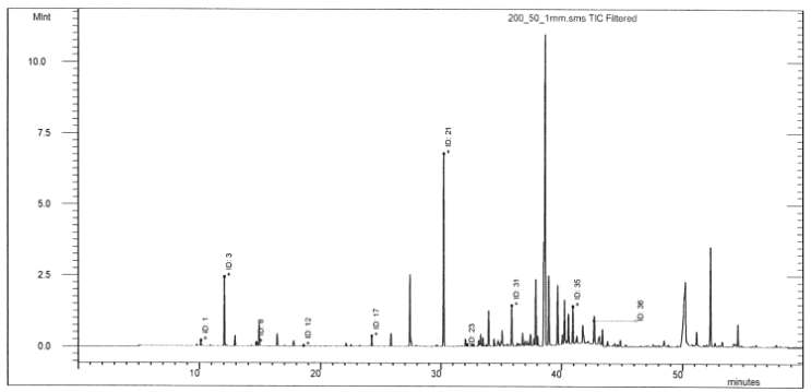 GC/MS Chromatogram of extracts from chamaecyparis obtusa. : 200bar, 40℃, 1mm