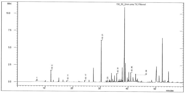 GC/MS Chromatogram of extracts from chamaecyparis obtusa. : 150bar, 40℃, 2mm