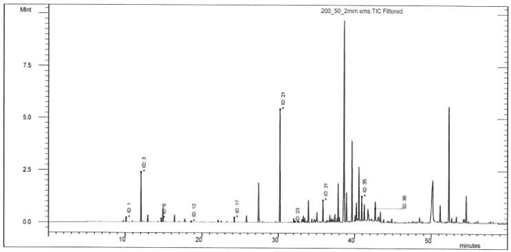 GC/MS Chromatogram of extracts from chamaecyparis obtusa. : 200bar, 40℃, 2mm