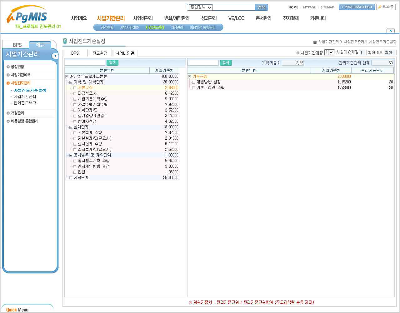 시공 이전단계 진도기준설정 구축