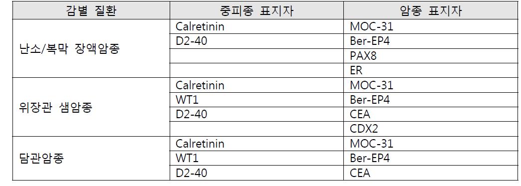 복막 중피종과 전이성 암종의 감별 진단을 위한 면역조직화학 염색 패널