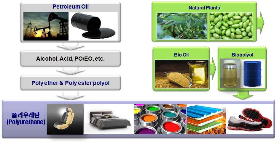 석유계 polyol과 Bio polyol의 polyurethane 제조과정 및 응용분야