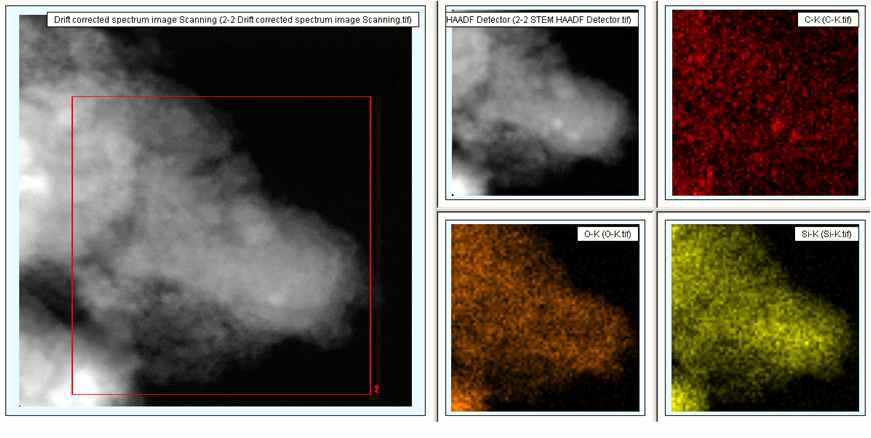 Carbon 코팅된 실리콘 음극재의 TEM-EDX mapping 이미지