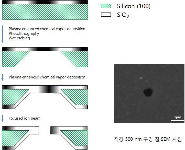 나노 hole 칩 제조 공정 모식도 및 제작한 지름 500 nm의 단일 hole 칩에 대한 주사전자현미경 사진