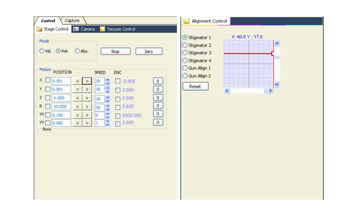 Stage & vacuum control part (좌측), alignment control part (우측)