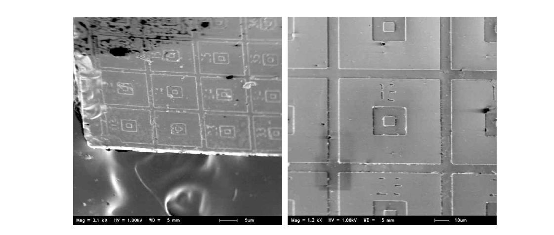 Pattern Si wafer 이미지의 틀어진 형상(좌측), 정상적으로 개선(우측)