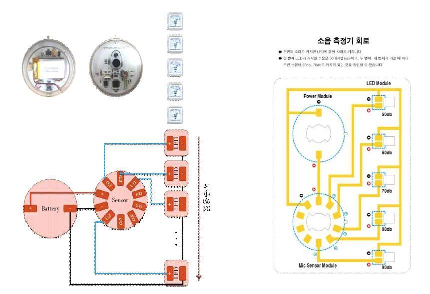 소음 측정기 회로 마이크 회로 사용 모듈, 결선도 및 단색 LED 회로 실습용 키트 카드보드 디자인