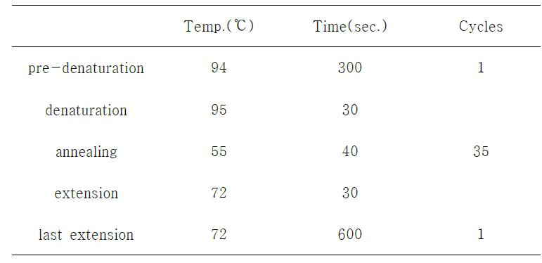 β-galactosidase 유전자의 PCR 증폭조건