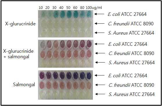 대장균군 기본배지(액체)에서의 균종별 기질 반응성
