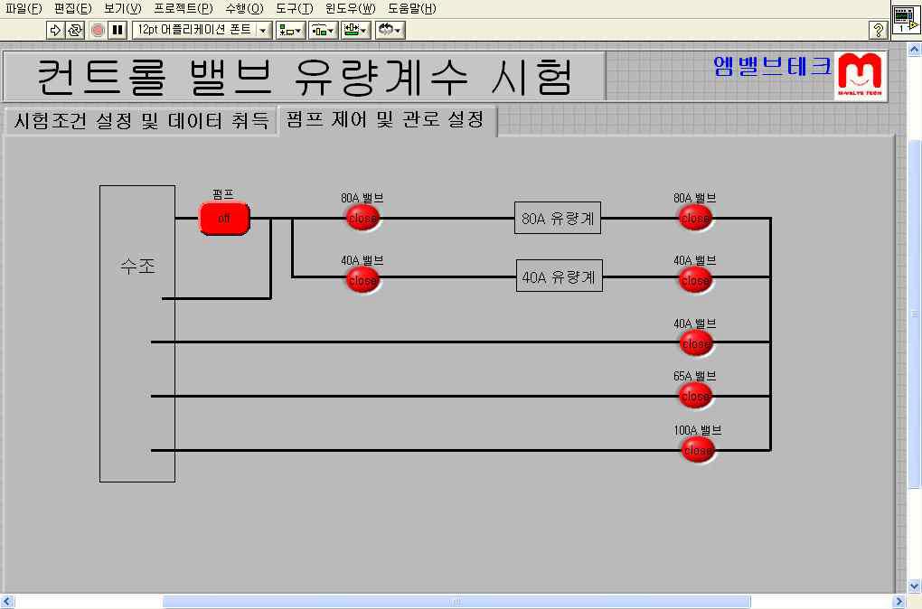 프로그램의 펌프 제어 및 관로 설정 탭 화면 (초기 상태)