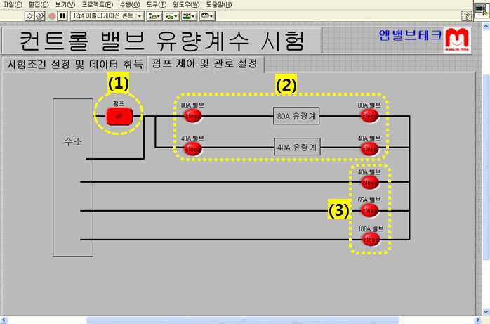 펌프 제어 및 관로 설정 탭에서 사용자가 제어하는 항목