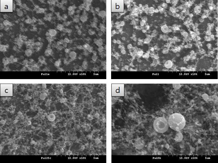 (a) Pullulan 나노캡슐과 Pulluan/로즈마리 나노캡슐 (b) 1wt.%, © 3wt.%, (d) 5wt.% SEM 사진.