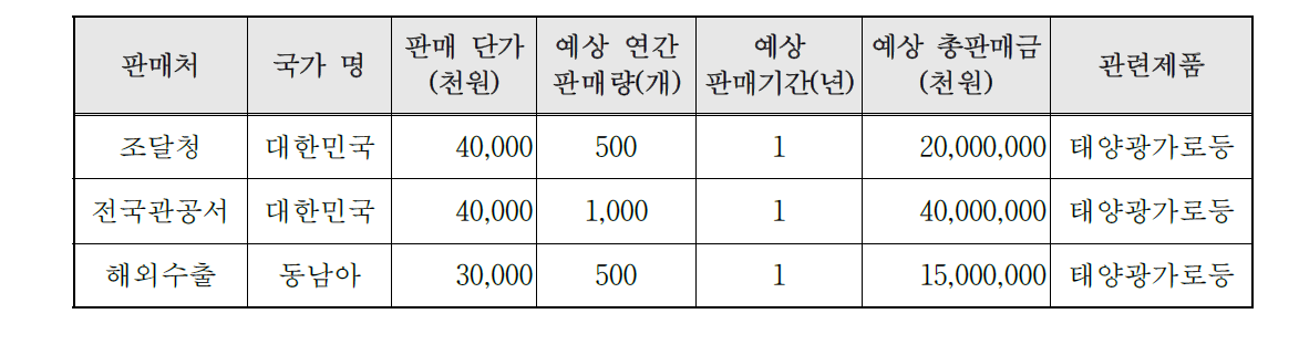 기술개발 후 국내․외 주요 판매계획