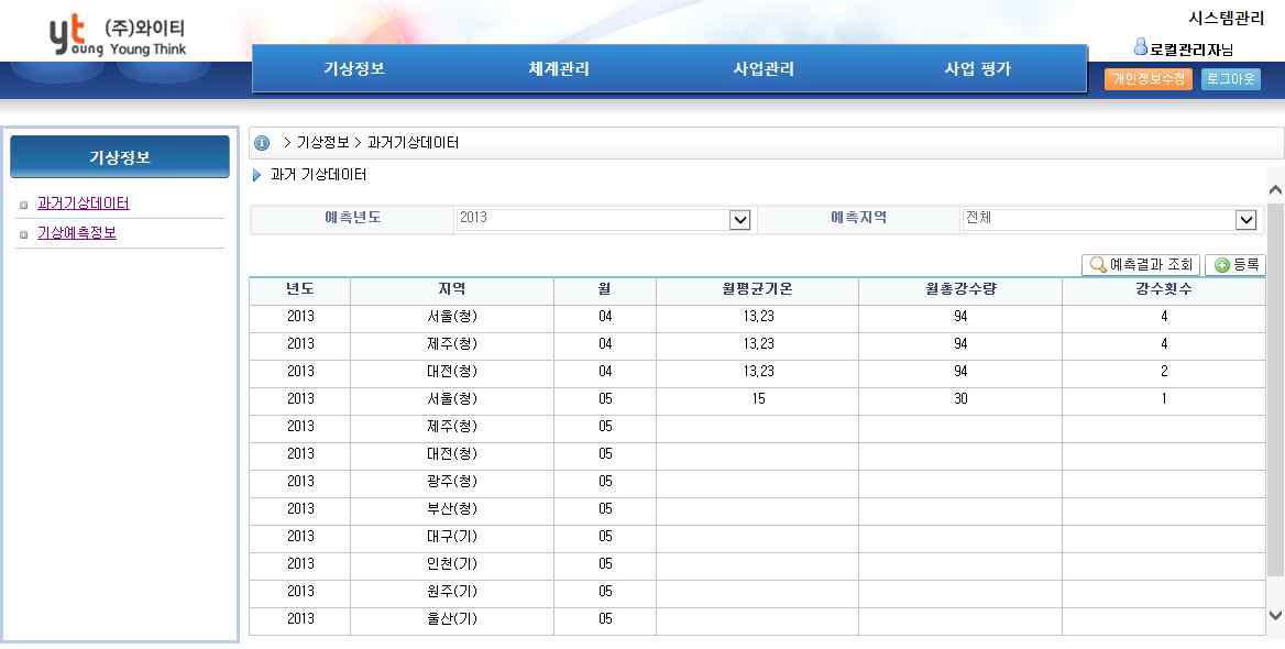 과거기상데이터 조회 화면