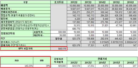 NPV, ROI, IRR 결과 화면 예시