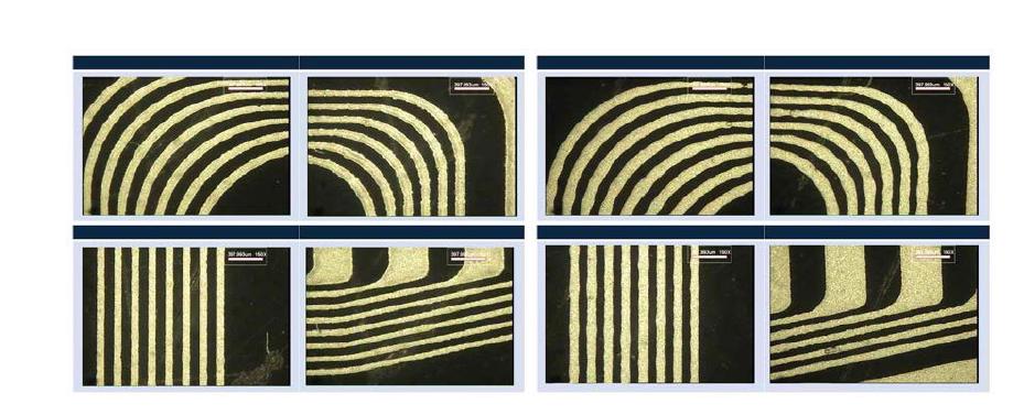 (a) UV 경화형 Ag Paste로 인쇄된 패턴,(b) 저온 경화형 Ag Paste로 인쇄된 패턴