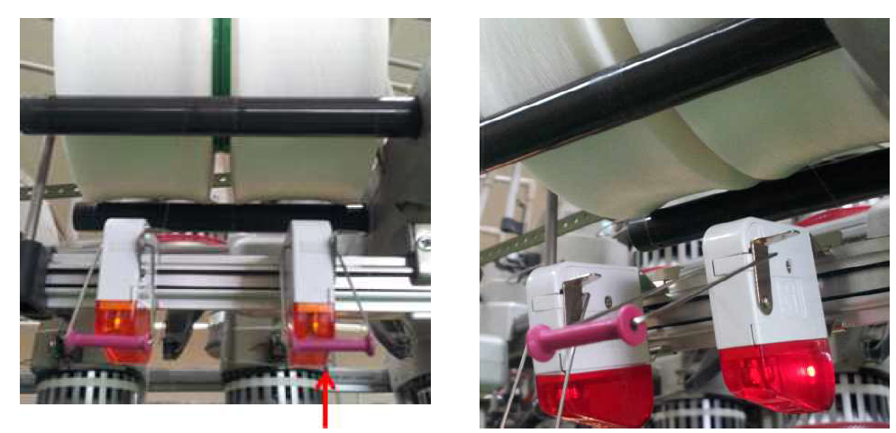 4차 개발된 롤러를 적용한 스판공급안전기의 오작동이 발생된 사진(왼쪽)과 정상작동 사진(오른쪽)