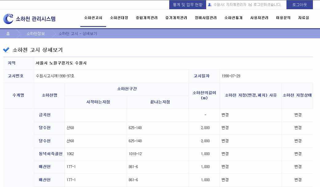 소하천 고시 상세 화면